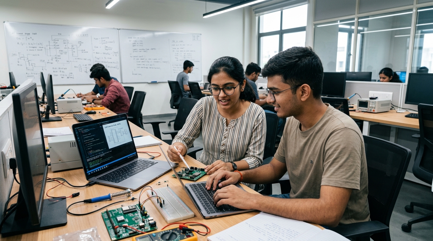 Engineering and computer science students collaborating in advanced technology lab